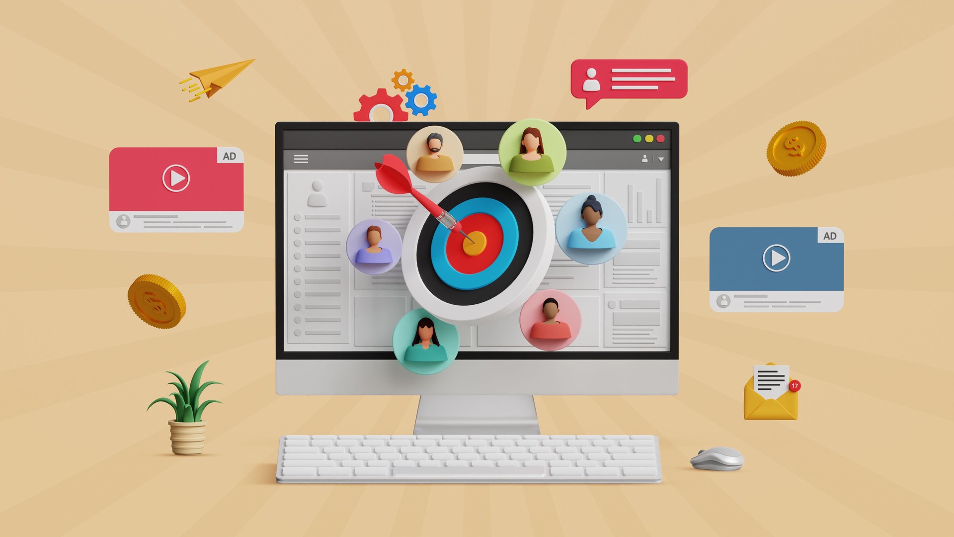 Target audience, targeted ads strategy, marketing segmentation, customer acquisition, online campaign, customer centric strategies concept. 3D computer with dartboard and target customers