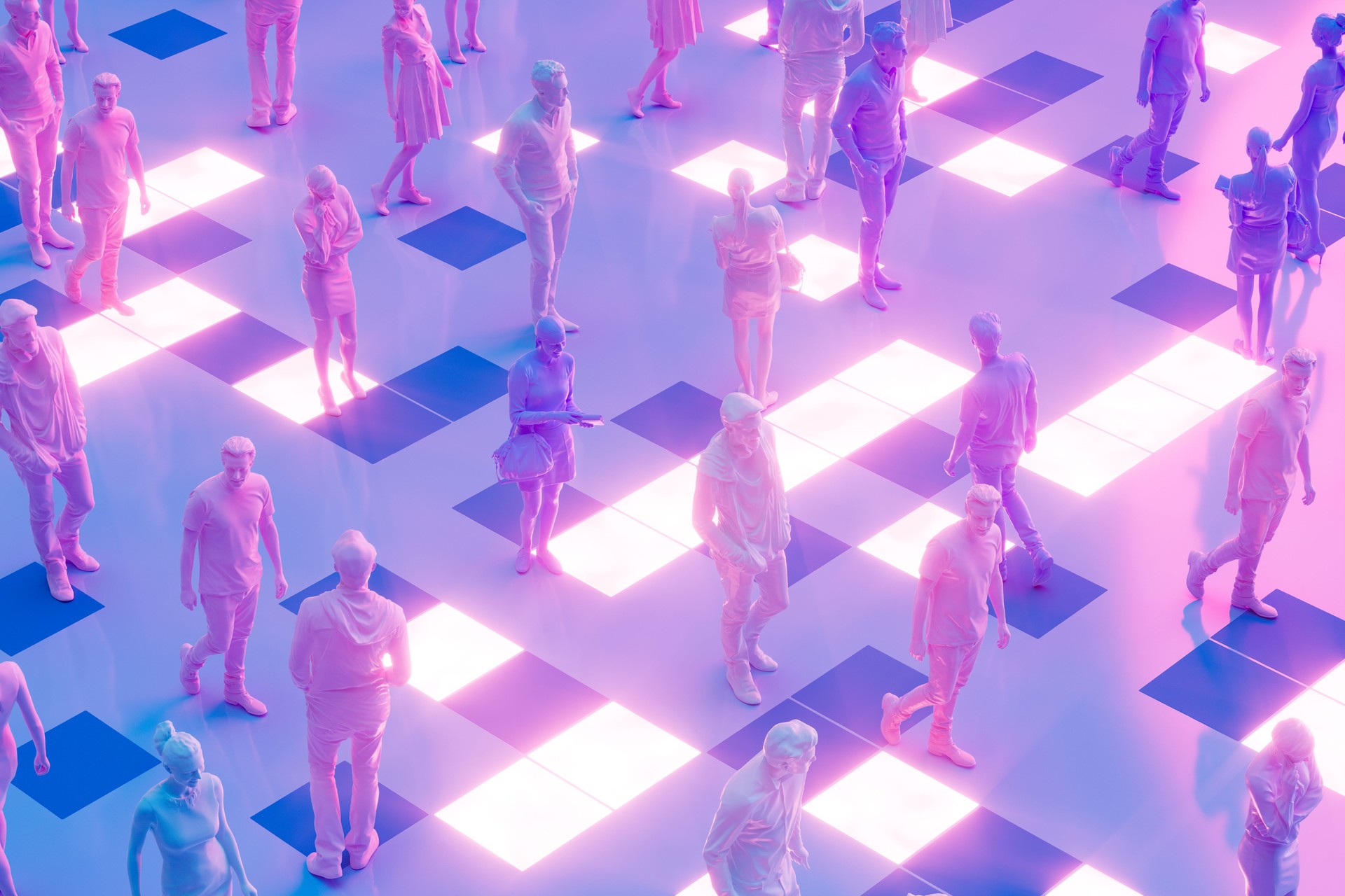 People walking in metaverse, futuristic technology background