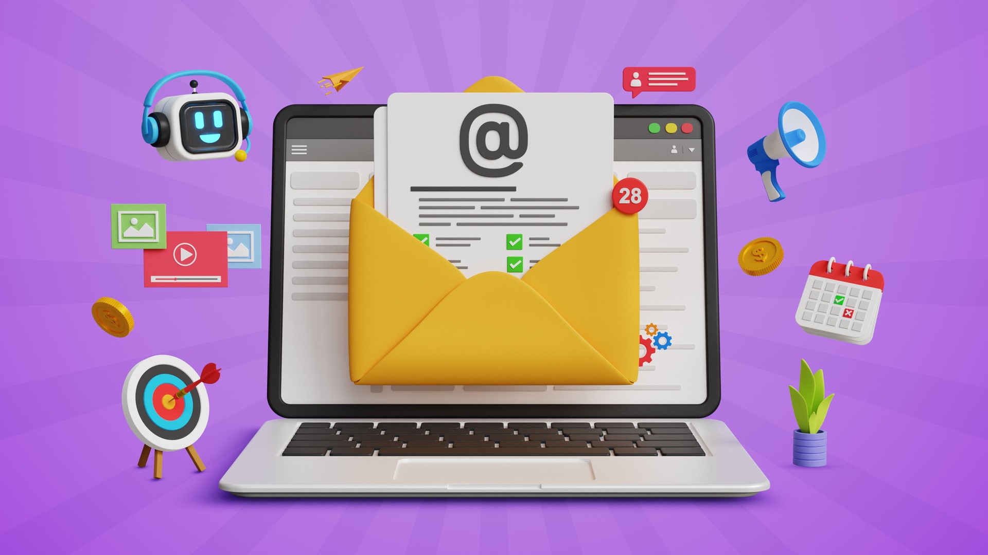 Business process automation, Automate business tasks with AI. Automated email marketing, automation technology. Customer engagement, retention, loyalty concept. 3D laptop with Email marketing icons
