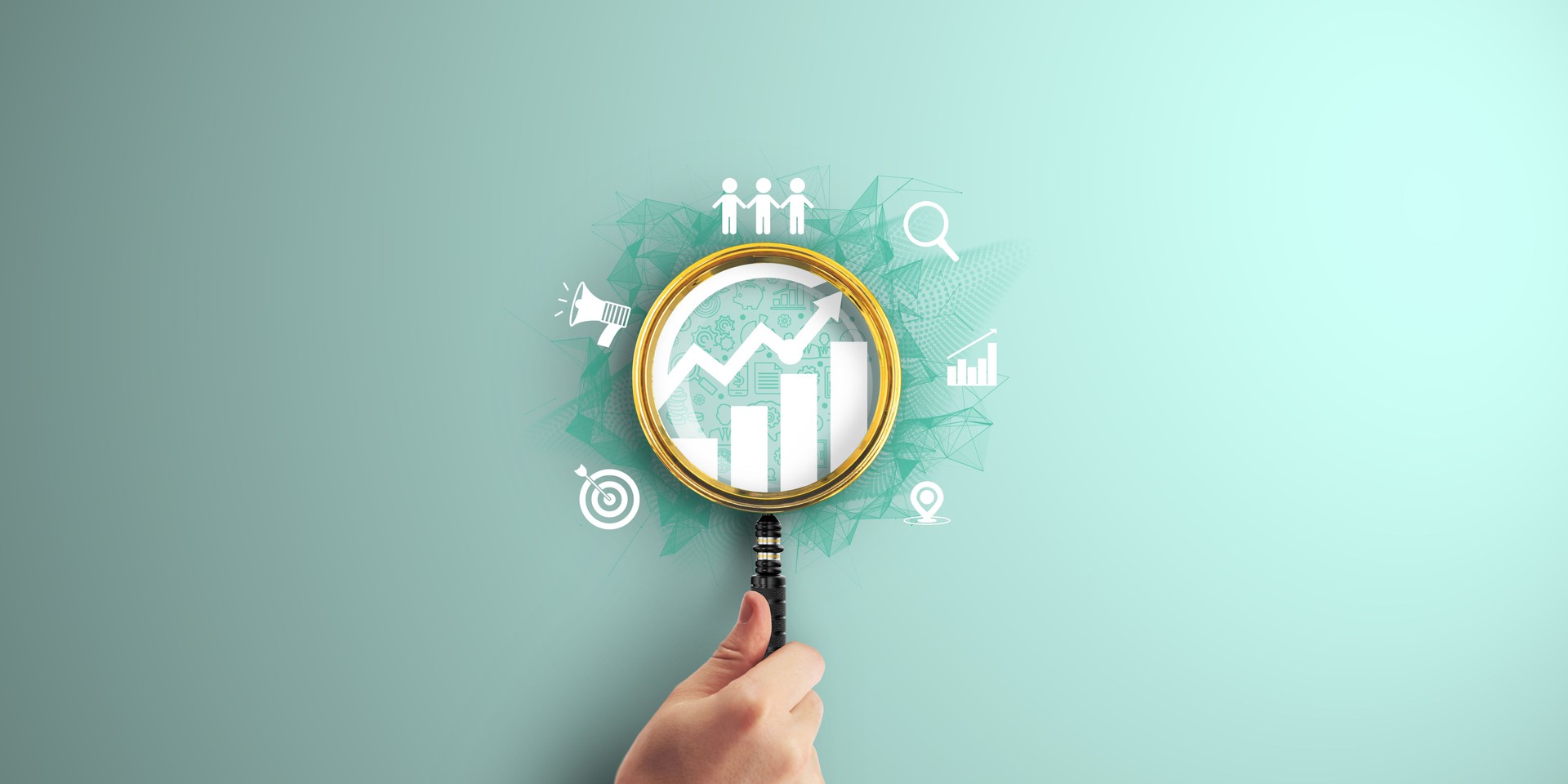 Digital marketing, Data analysis for performance improvement, Goal of digital marketing: Achieving brand awareness and customer engagement. Magnifier focus on Digital marketing icon.