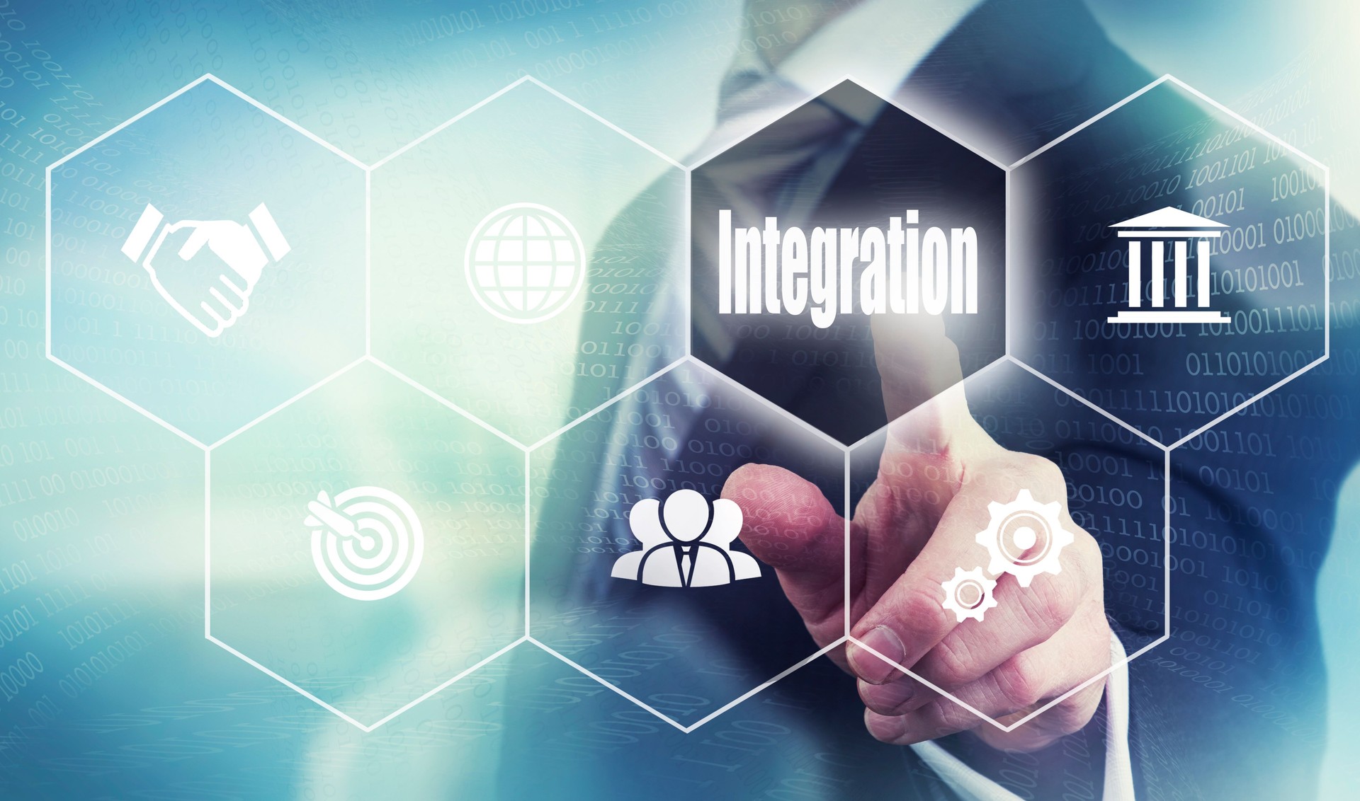 A businessman selecting a Integration Concept button